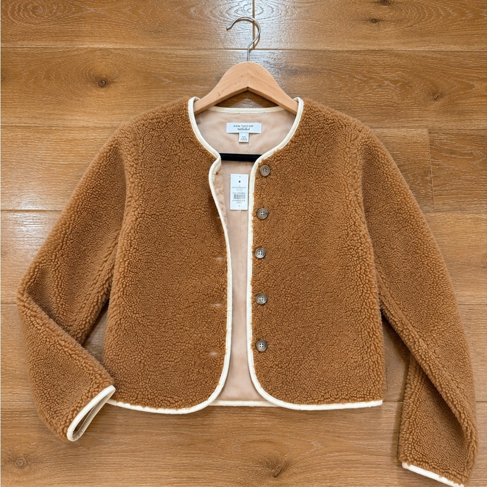 Ann Taylor Teddy Jacket in Camel with Cream Trim